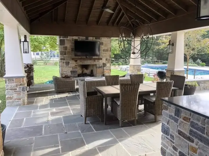Covered Pavilion — Potomac, MD · Stone Fireplace & Outdoor Living